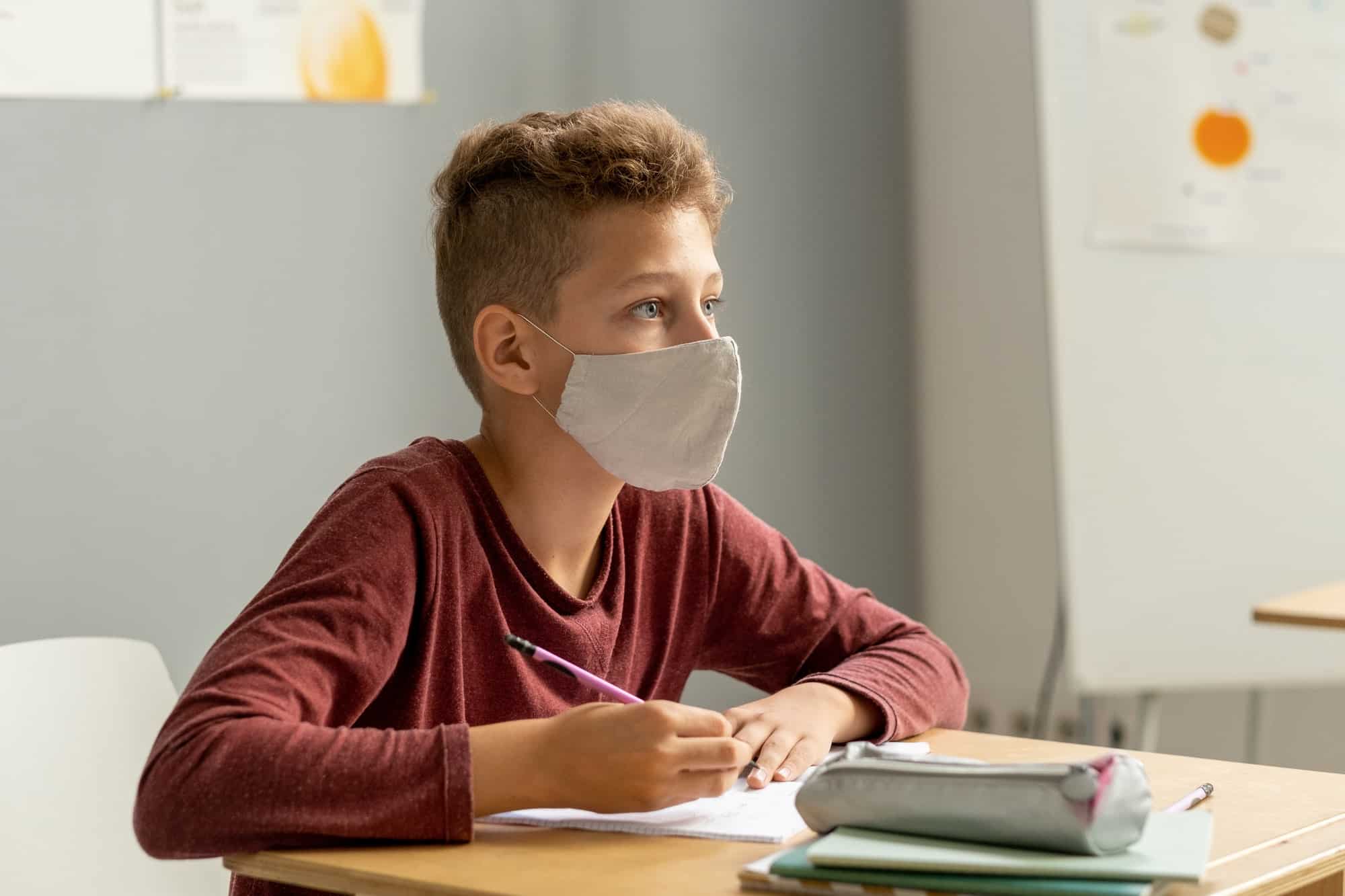 Cute schoolboy in protective mask looking at blackboard